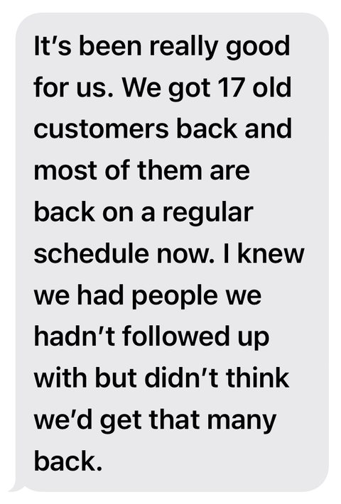 Text from Darin at Cleaning Your Way: we got 17 old customers back and most of them are back on a regular schedule